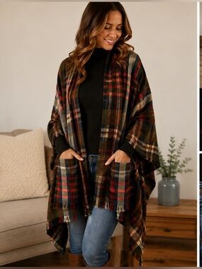 Grace & Lace Olive Navy Tartan Pocket Wrap Poncho Shawl NIP One Size